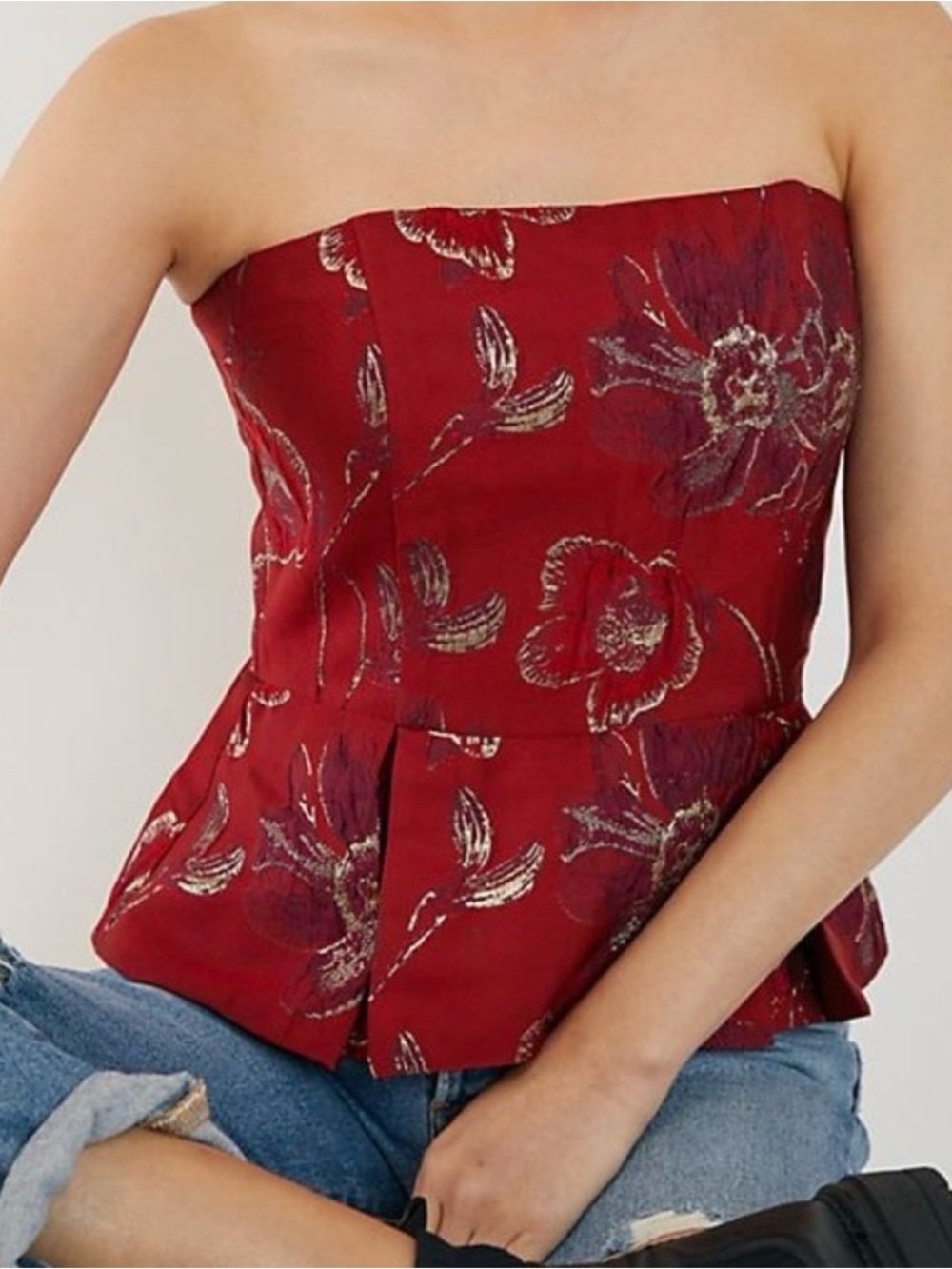 Anthropologie Hutch Audrey Strapless Metallic Floral Peplum Top Size 0